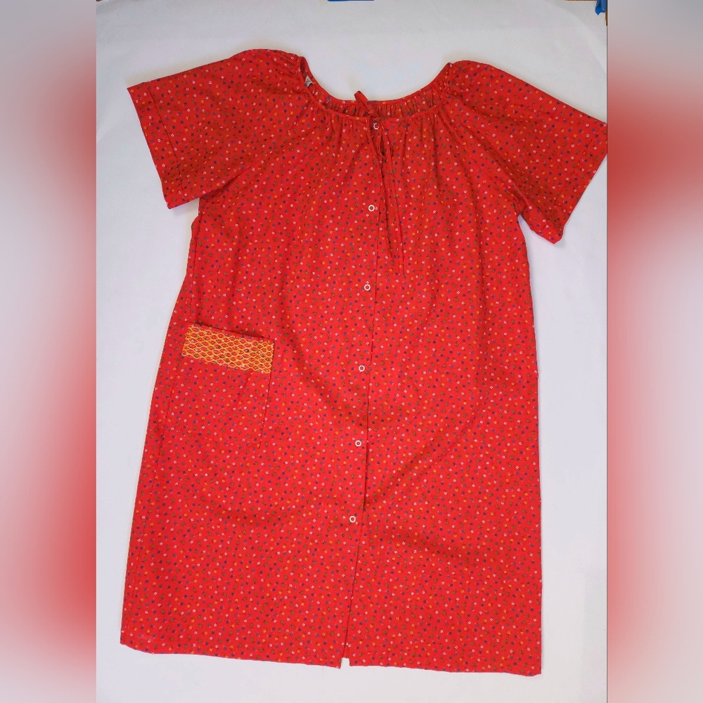 Vintage 80s Red Floral Snap Smock Craft House Dress Apron Womens Large - Picture 5 of 14